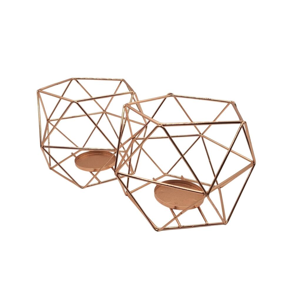 SET OF 2 ROSE GOLD GEOMETRIC CANDLE HOLDERS – TEA LIGHT SIZE – MODERN DECOR